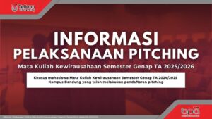 Poster informasi pelaksanaan pitching Mata Kuliah Kewirausahaan Semester Genap TA 2025/2026 Telkom University khusus mahasiswa Kampus Bandung yang telah mendaftar