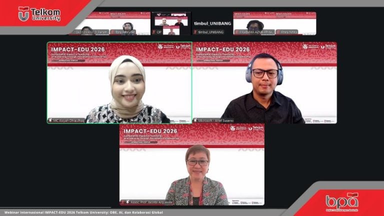 Sesi webinar internasional IMPACT-EDU 2026 Telkom University bertajuk Sustainable Impact in Teaching and Learning through Pentahelix Collaboration, menampilkan MC Aisyah Dhiaulhaq, Arief Suseno dari Microsoft, dan Assoc. Prof. Jacinta Arquisola, 10 Juni 2026